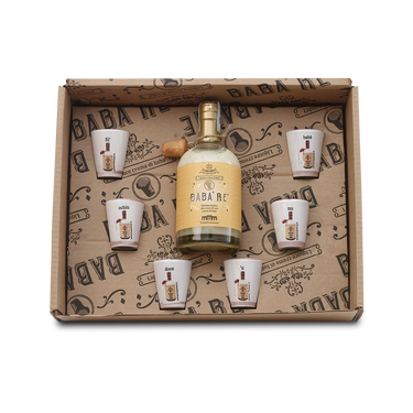 Crème de liqueur Babà Re 500 ml Boîte avec 6 petits verres
