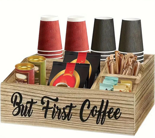 Wooden Capsule Holder But First Coffee Beige